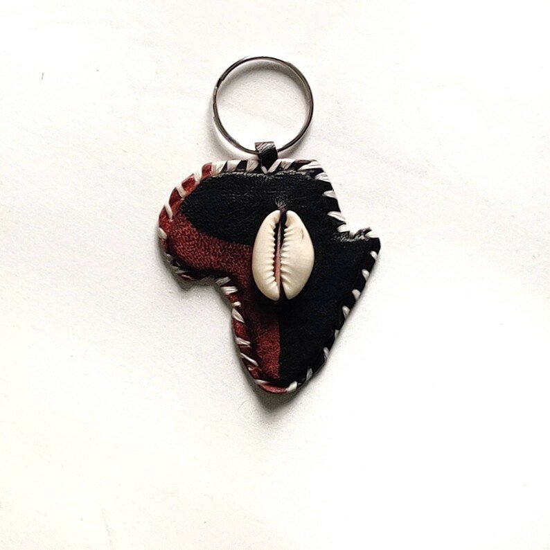 Handcrafted Leather African Map Keychain with Genuine Cowrie Shell